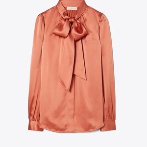 NWT Tory Burch Satin Bow Blouse Size 10 - Midnight Rose